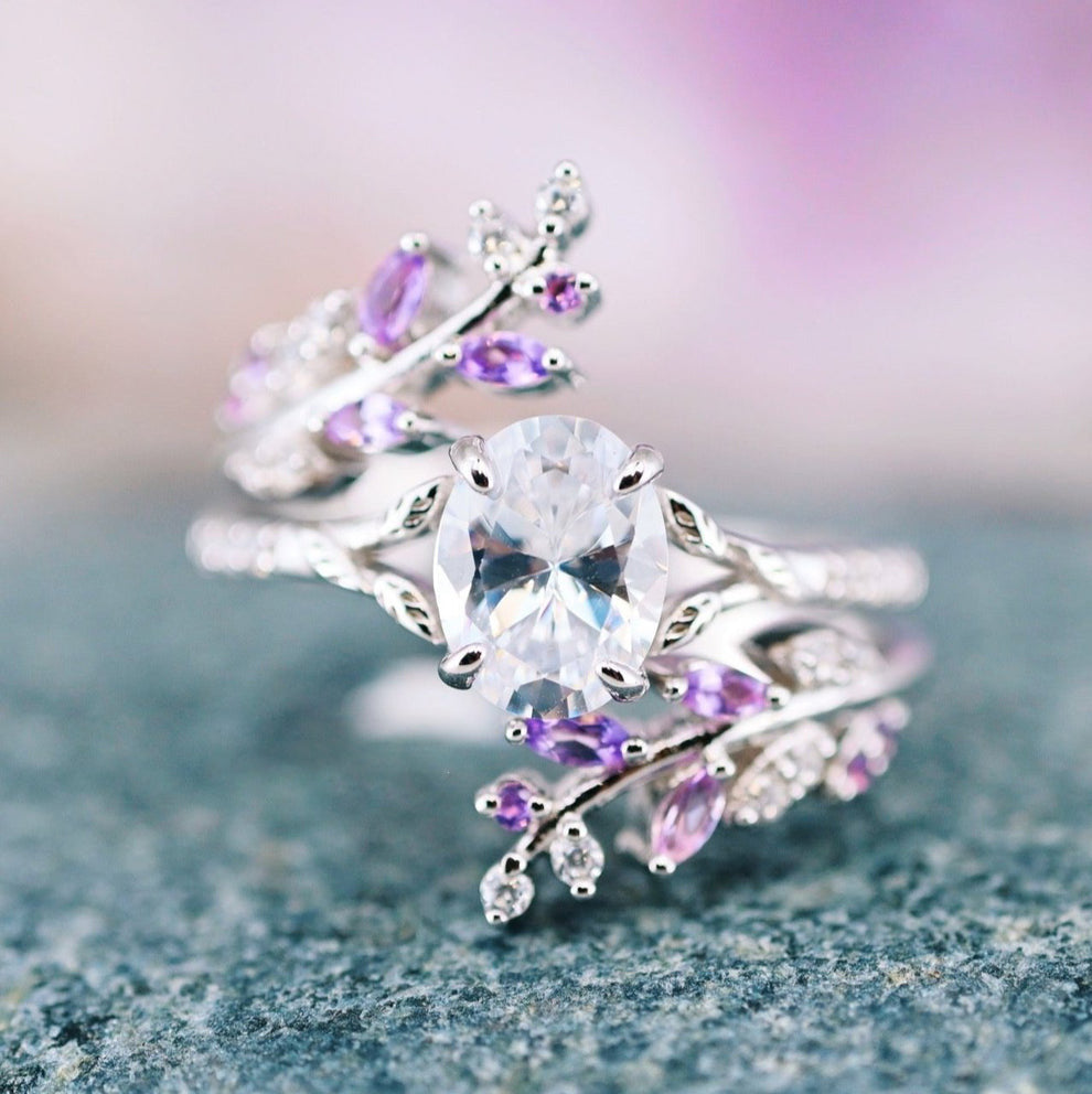 Elfen-inspiriertes Amethyst- & Diamant-Blatt-Verlobungsring-Set – Silber