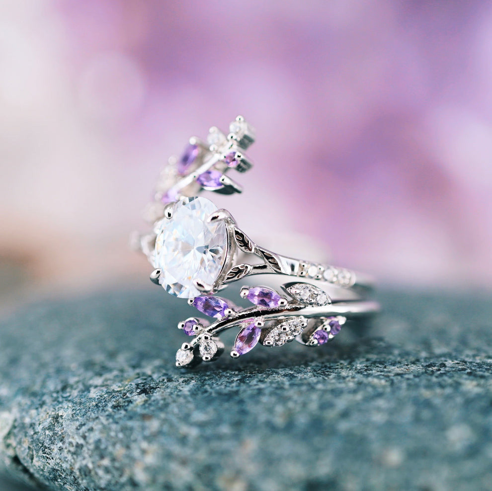 Elfen-inspiriertes Amethyst- & Diamant-Blatt-Verlobungsring-Set – Silber
