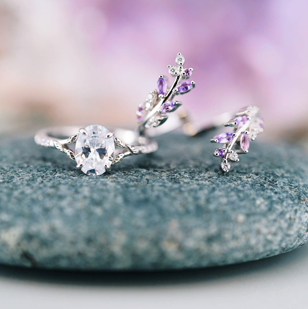 Elfen-inspiriertes Amethyst- & Diamant-Blatt-Verlobungsring-Set – Silber