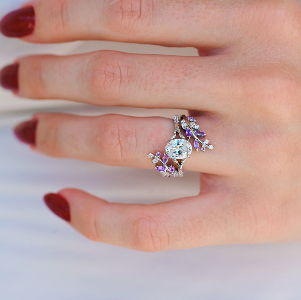 Elfen-inspiriertes Amethyst- & Diamant-Blatt-Verlobungsring-Set – Silber