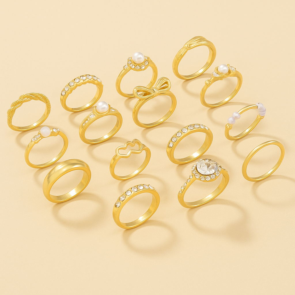 15-teiliges Exquisites Strass-Ringset
