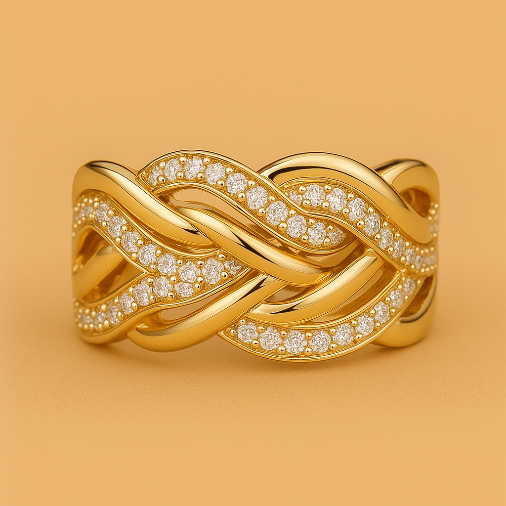 Luxuriöser breiter Ring mit verflochtenem Gold und Mikropavé-Zirkonia