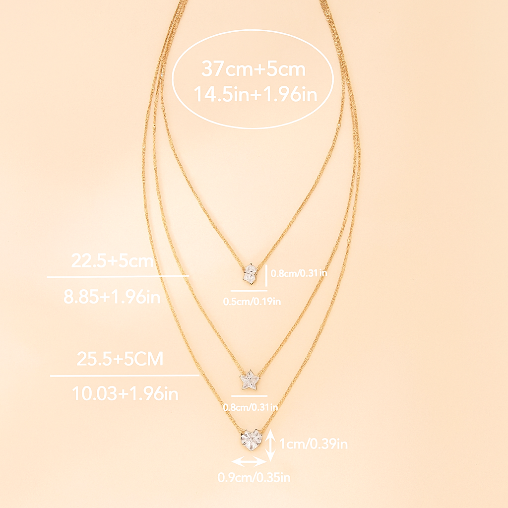 Mehrschichtige Kristall-Anhänger-Halskette - Herz, Stern & Tropfen-Anhänger
