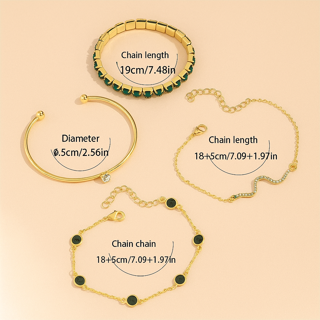 Elegantes Grünes Edelstein & Strass Schlange Kette Armband Set
