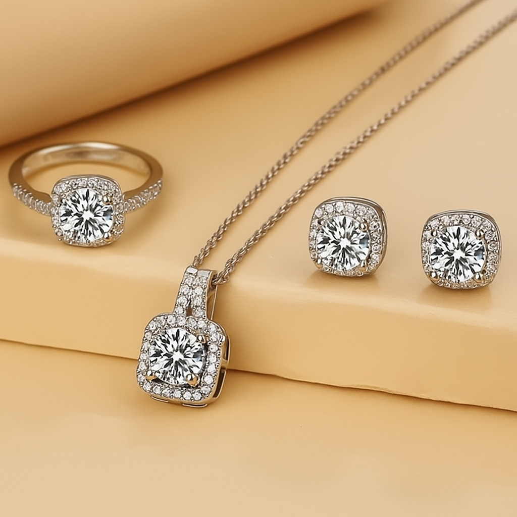 Elegantes Zirkonia-Cubus-Schmuckset - Ohrringe, Anhänger, Halskette und Ring für Frauen