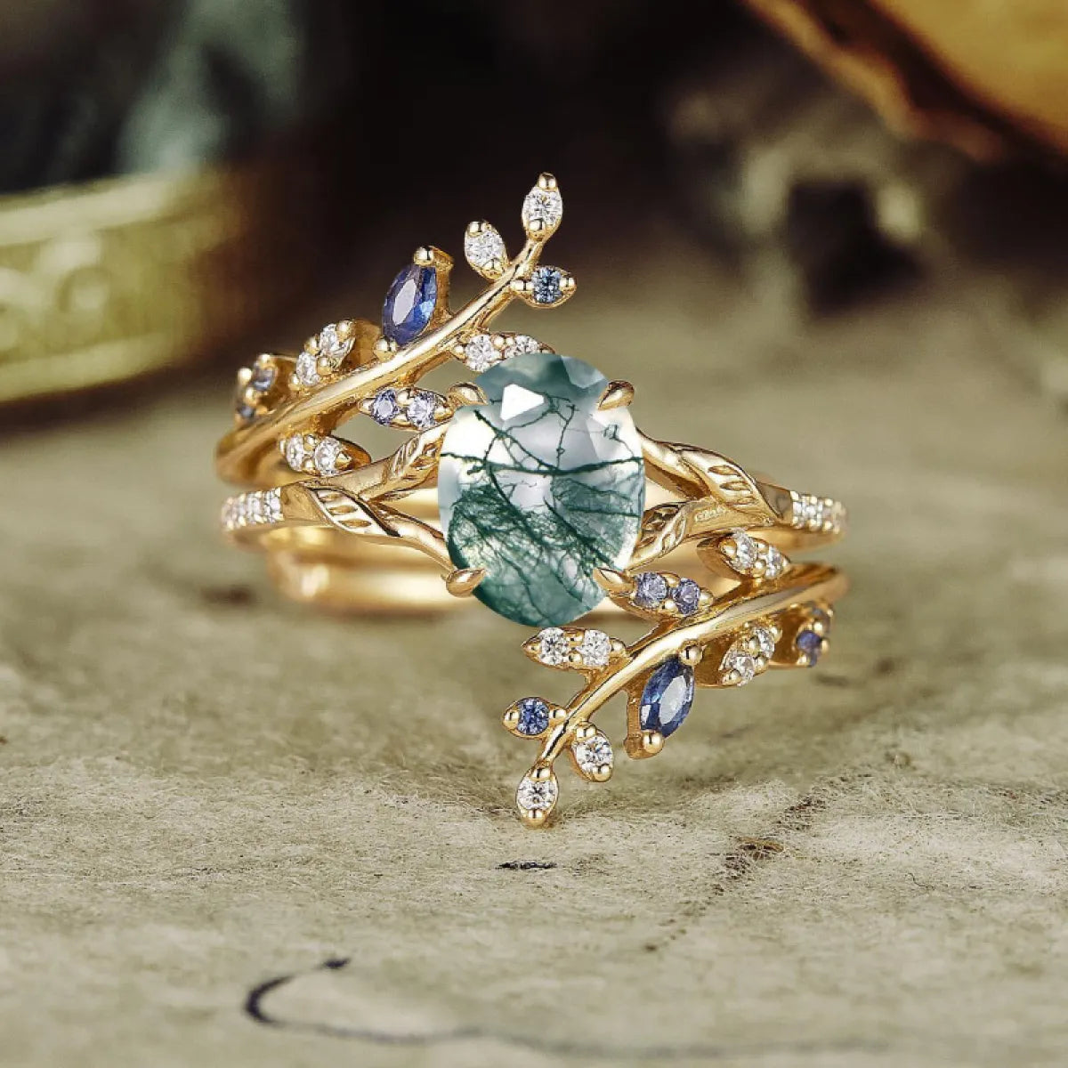 Grüner Feueropal- und Moosachat-Ring – Naturnahes Paar-Schmuckstück