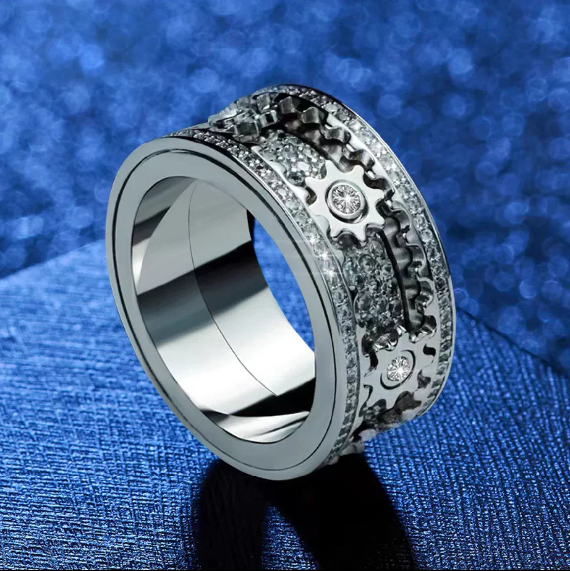 Paar-Entspannungsring – Vollständig mit Diamanten besetztes, drehbares Zahnrad-Design