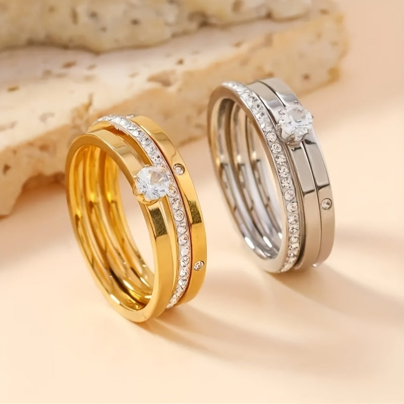 Elegantes Vergoldetes Ring-Set mit Strass und Kristallen – 3-teiliges Set