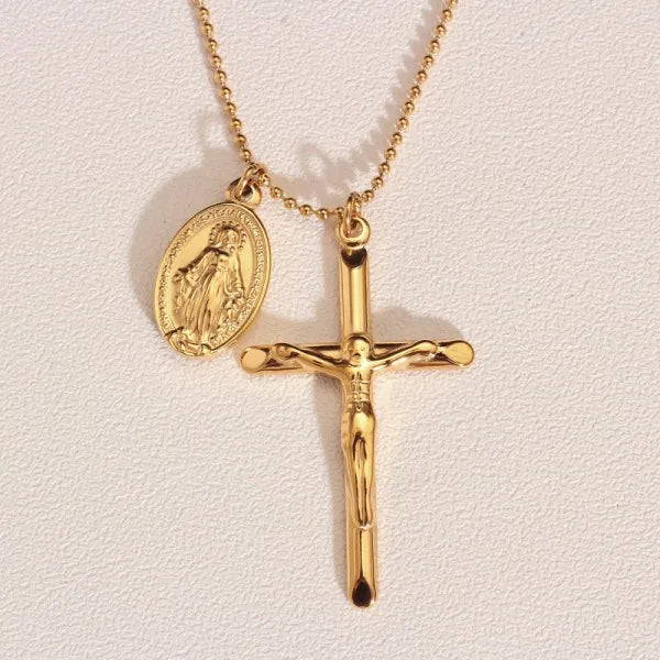 Zirkonia Maria Anhänger Halskette - Abnehmbares Kreuz Charme