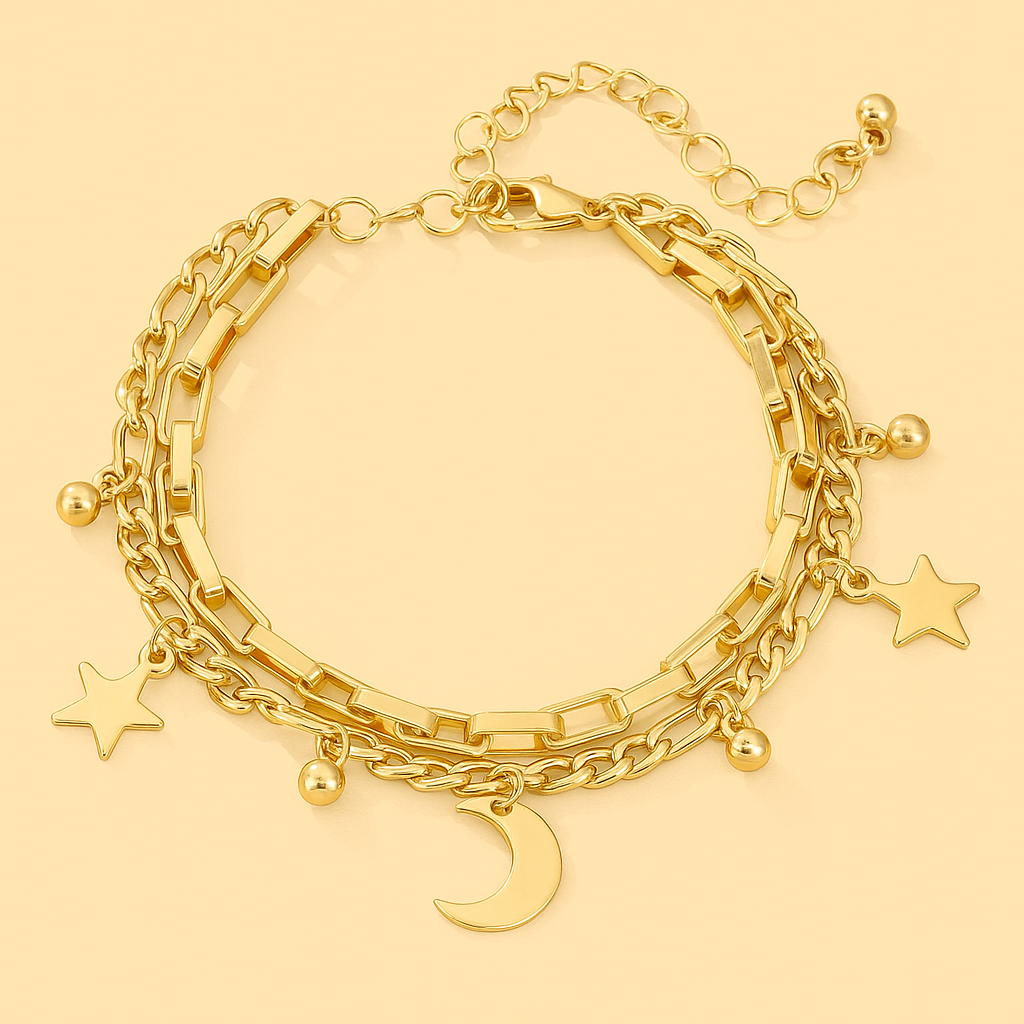 Celestial Charm | Gold-Ton Stern & Mond Doppellagen-Armband