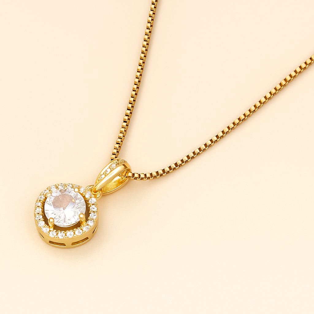 Vergoldeter runder Halo-Zirkonia Anhänger Halskette