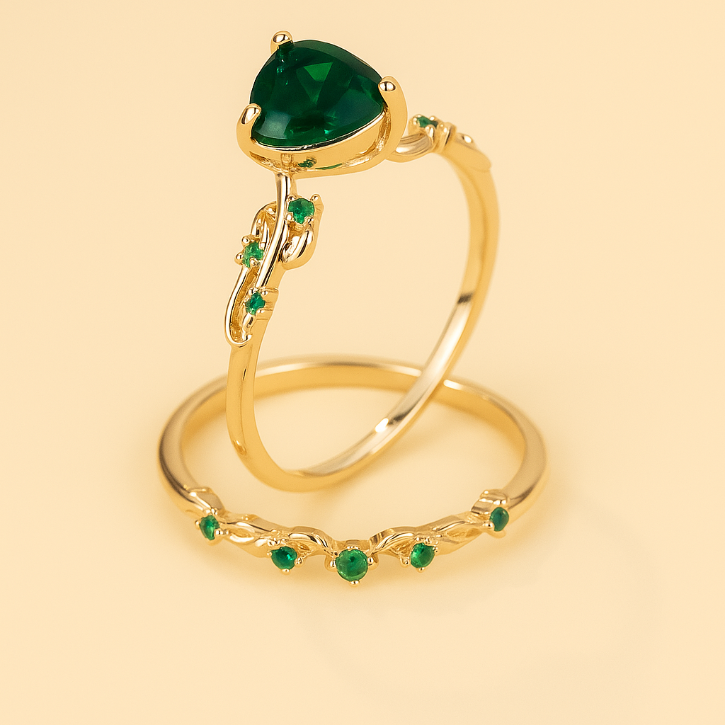 2-teiliges Vintage Grünes Herz Zirkonia Ring Set