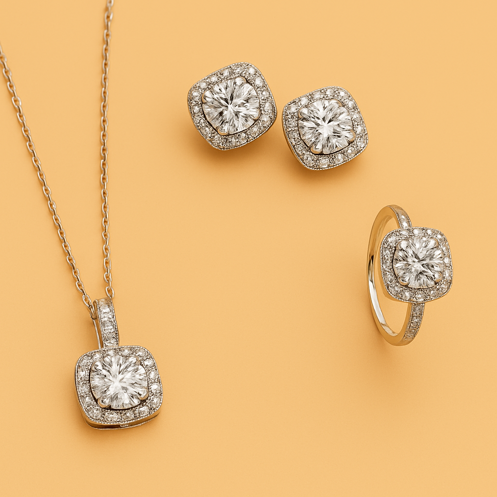 Elegantes Zirkonia-Cubus-Schmuckset - Ohrringe, Anhänger, Halskette und Ring für Frauen