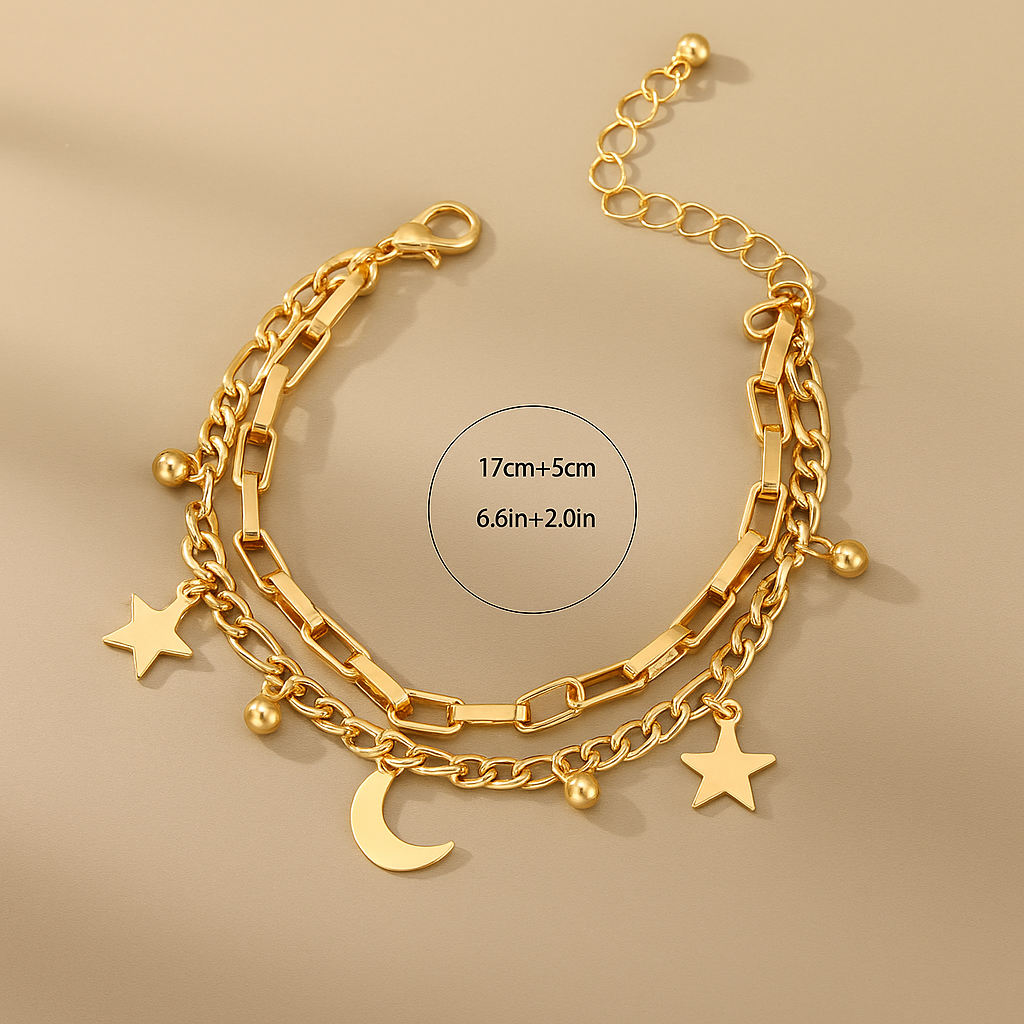 Celestial Charm | Gold-Ton Stern & Mond Doppellagen-Armband
