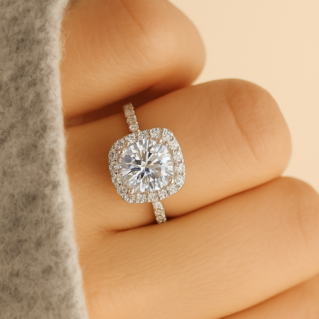 Quadratischer Halo-Ring mit Laborgezüchtetem Zirkonia