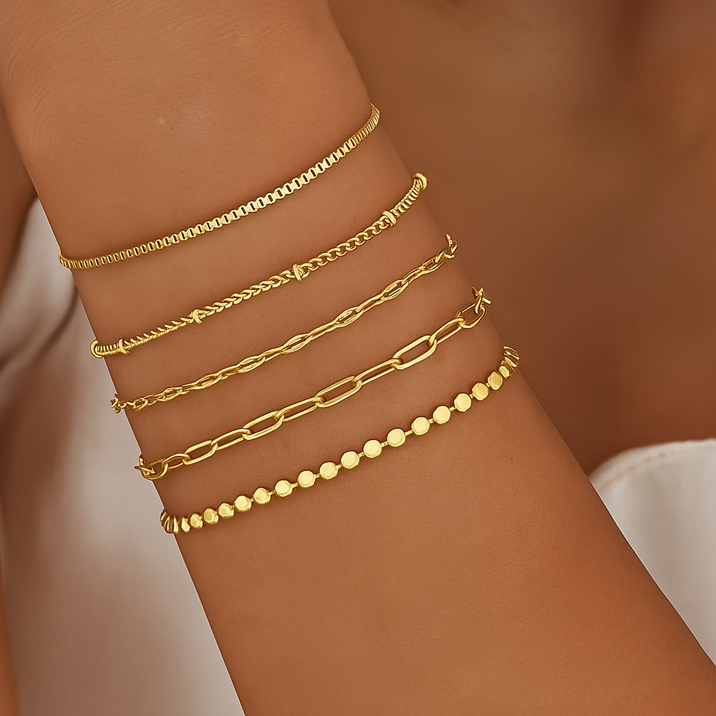 Elegantes & schickes 5-teiliges gold dünnes Kettenarmband-Set