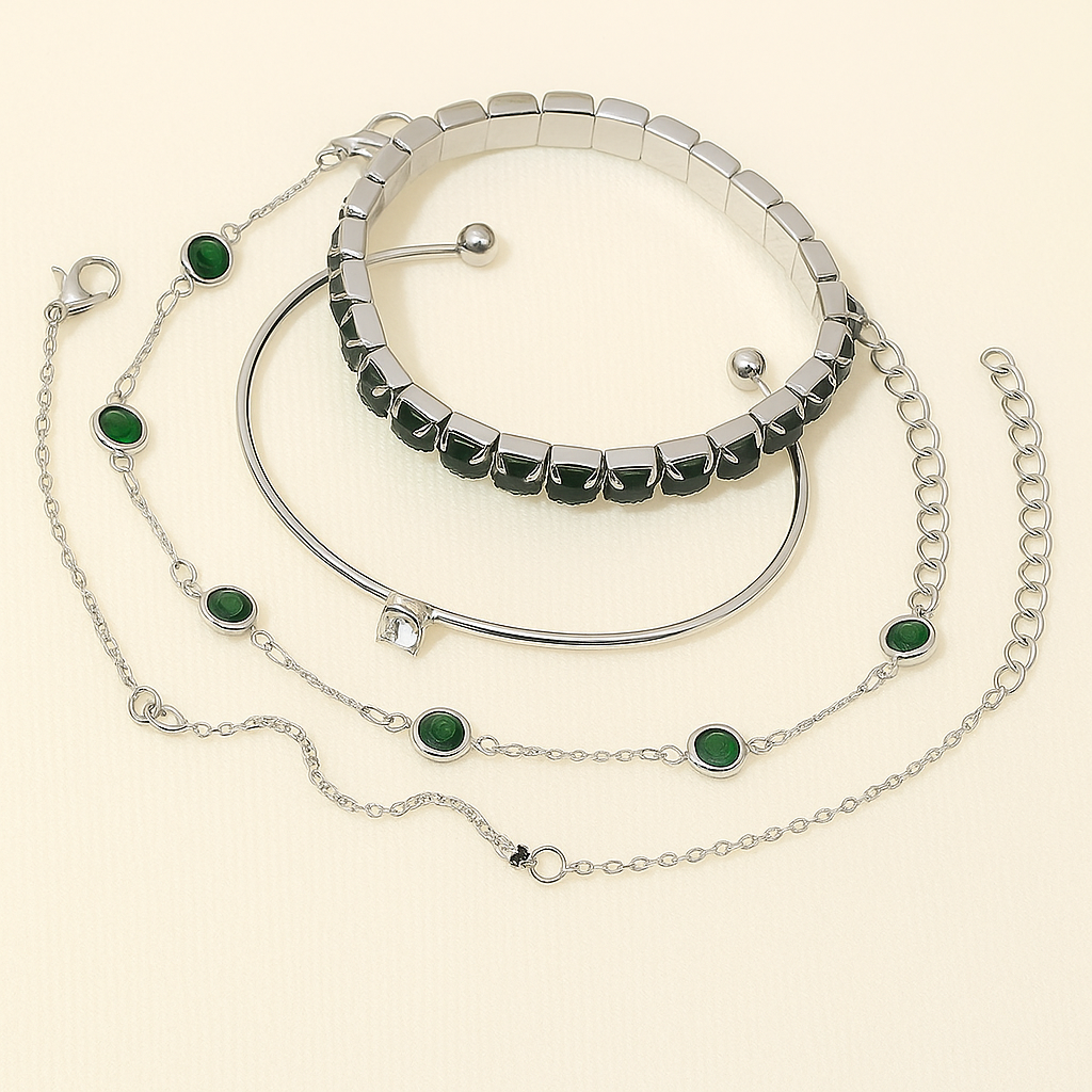 Elegantes Grünes Edelstein & Strass Schlange Kette Armband Set