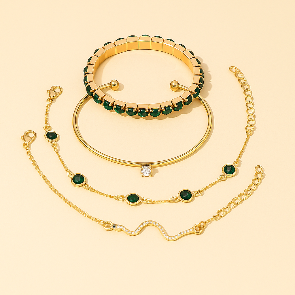 Elegantes Grünes Edelstein & Strass Schlange Kette Armband Set