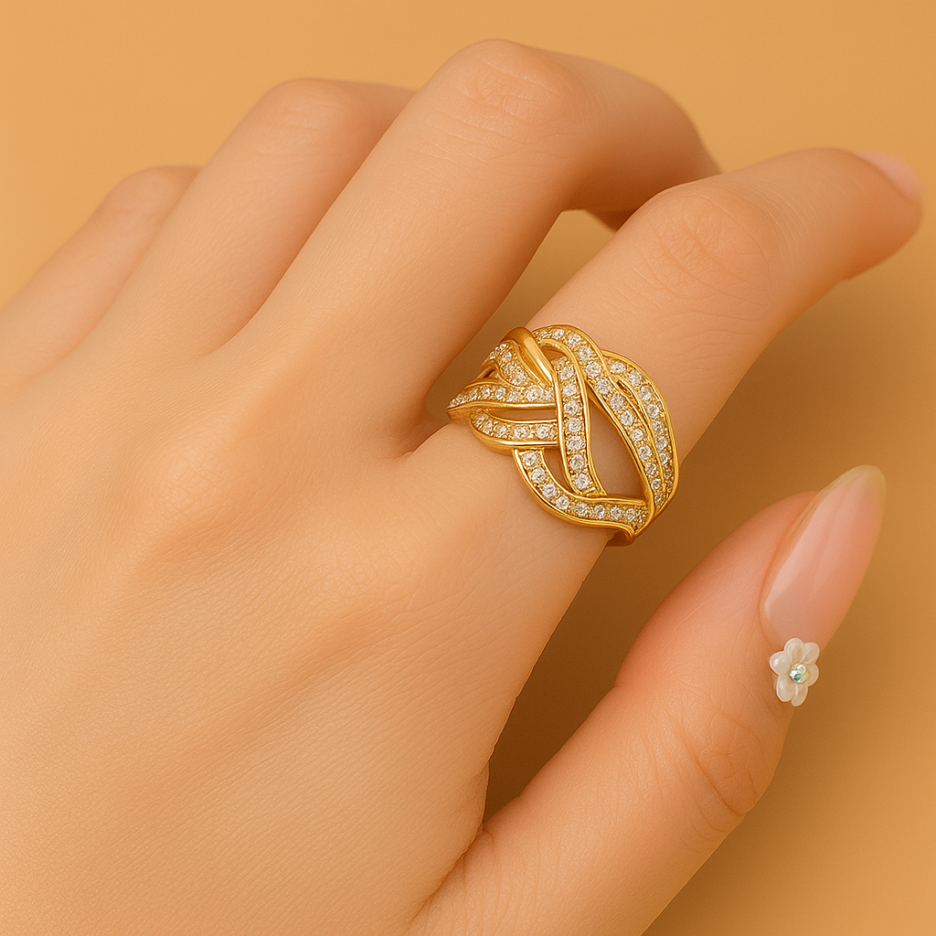 Luxuriöser breiter Ring mit verflochtenem Gold und Mikropavé-Zirkonia
