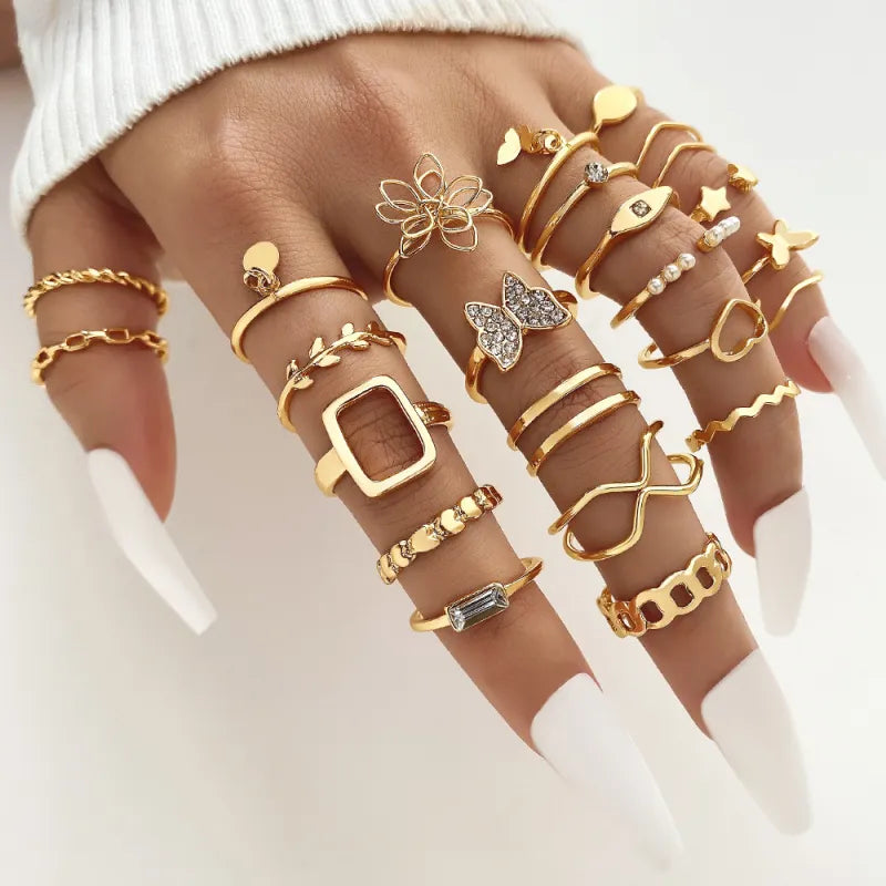 22pcs Mode Blatt, Blume & Faux Perle Ring Set