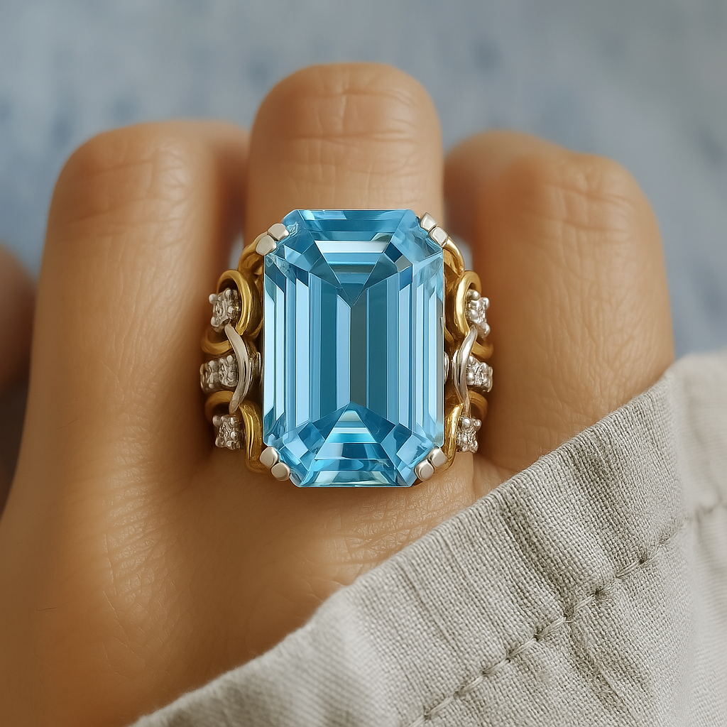 Mehrlagiger Vintage-Ring aus Gold mit blauem Zirkoniastein
