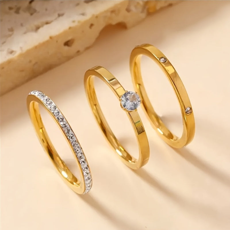 Elegantes Vergoldetes Ring-Set mit Strass und Kristallen – 3-teiliges Set